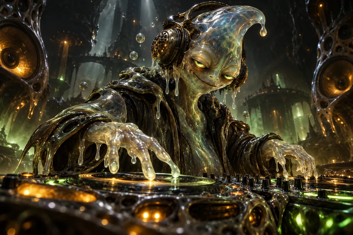 DJ Sloppy Droppy: a translucent, dripping alien made of something like green glass, with a curled tip to his head, glowing green eyes and brass headphones full of holes, smiling over glowing decks between tall speaker stacks that look grown rather than built, in a dark green hall full of arches and bubbles.